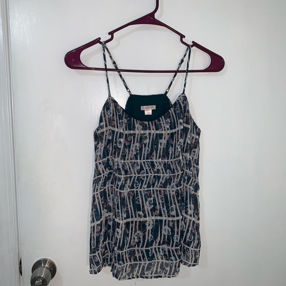Dark green tank top blouse with floral mesh layer